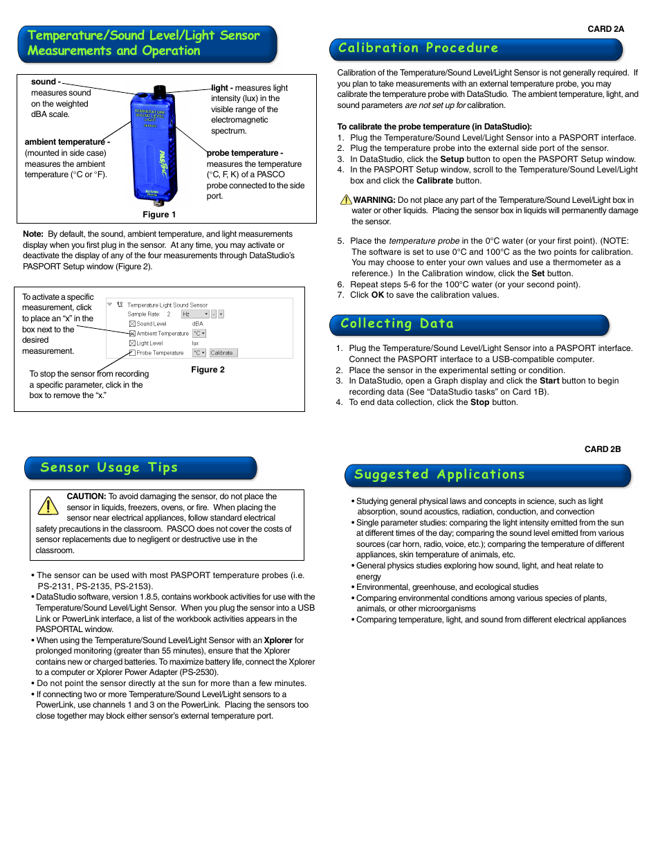 Calibration procedure, Sensor usage tips, Suggested applications | PASCO PS-2140 Temperature_Sound Level_Light Sensor User Manual | Page 2 / 2