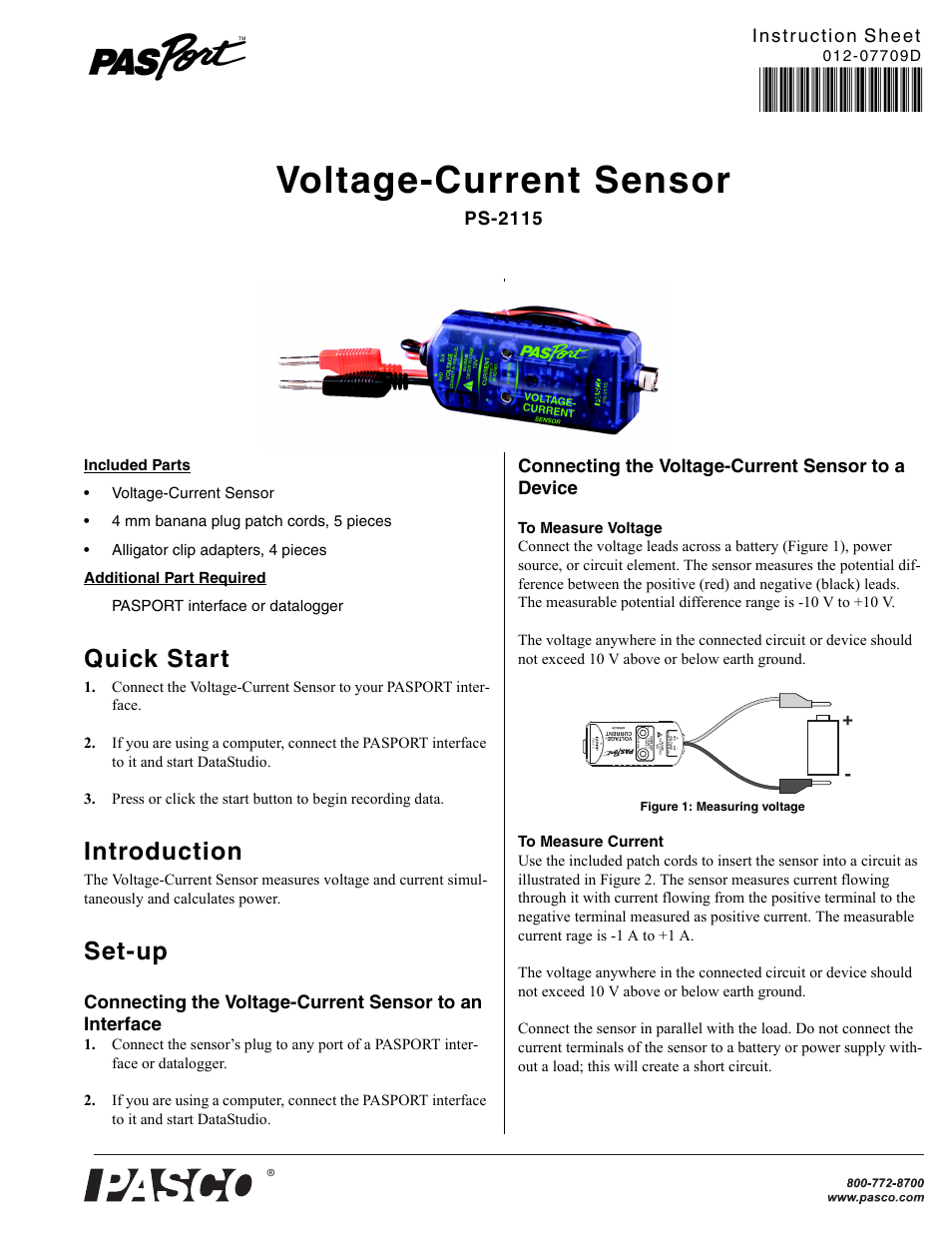 PASCO PS-2115 Voltage-Current Sensor User Manual | 2 pages