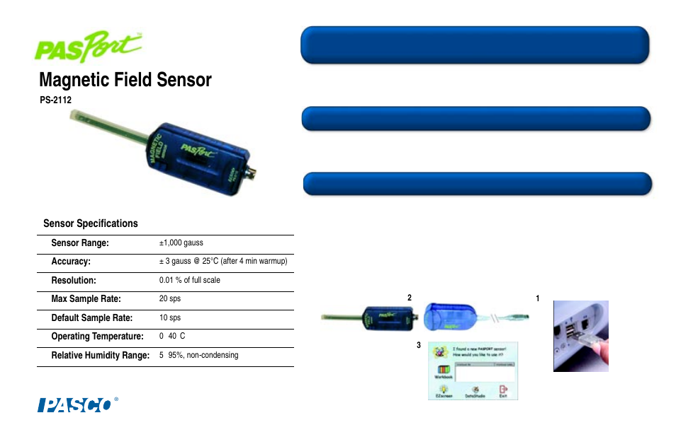 PASCO PS-2112 Magnetic Field Sensor User Manual | 2 pages