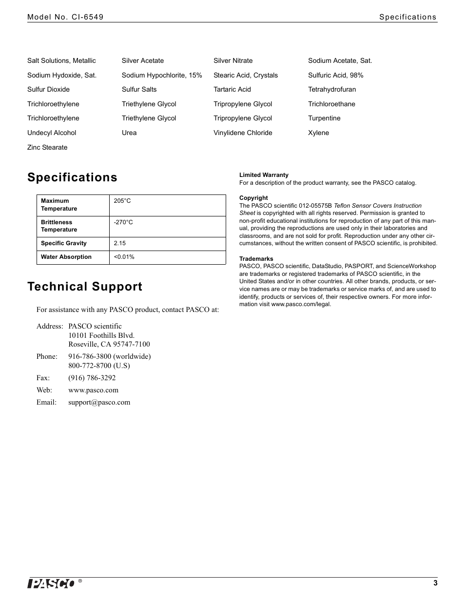 Specifications technical support | PASCO CI-6549 Teflon Sensor Covers User Manual | Page 3 / 4