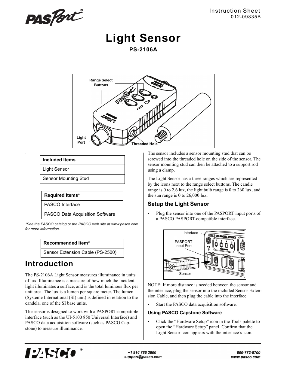 PASCO PS-2106A Light Sensor User Manual | 2 pages