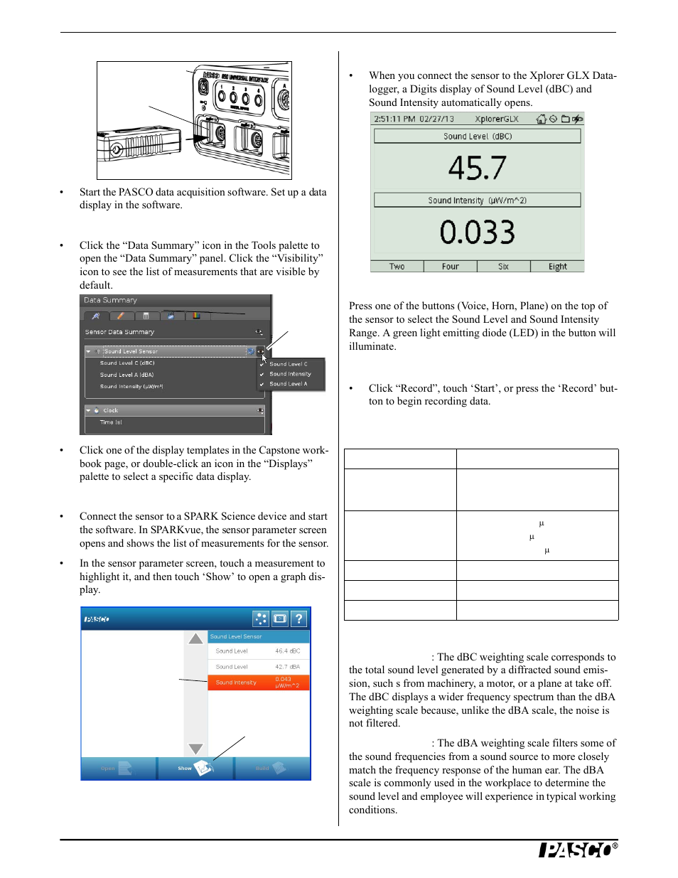 Record data, Specifications, Sound scales | PASCO PS-2109 Sound Level Sensor User Manual | Page 2 / 3