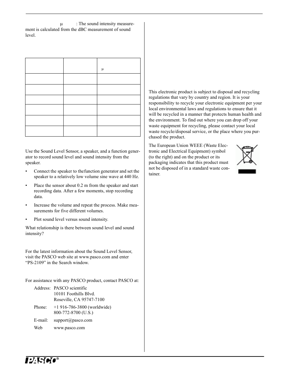 Suggested activity, More information, Technical support | PASCO PS-2109 Sound Level Sensor User Manual | Page 3 / 3