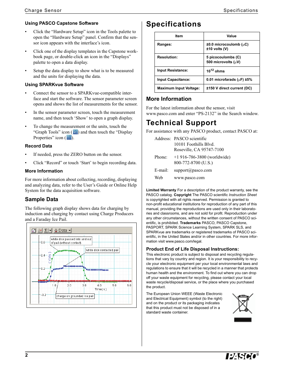 Using pasco capstone software, Using sparkvue software, Record data | More information, Sample data, Specifications, Technical support, Product end of life disposal instructions | PASCO PS-2132 Charge Sensor User Manual | Page 2 / 2