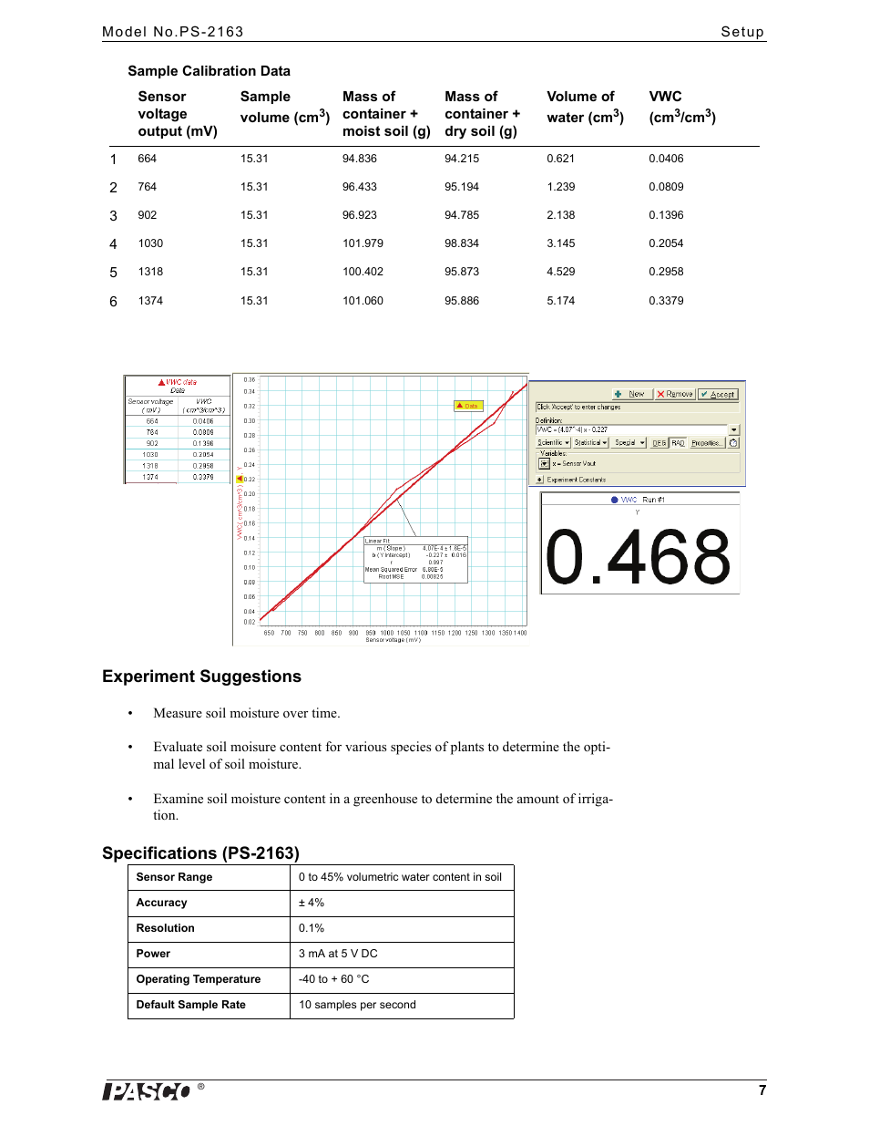 Experiment suggestions, Specifications (ps-2163) | PASCO PS-2163 Soil Moisture Sensor User Manual | Page 7 / 10