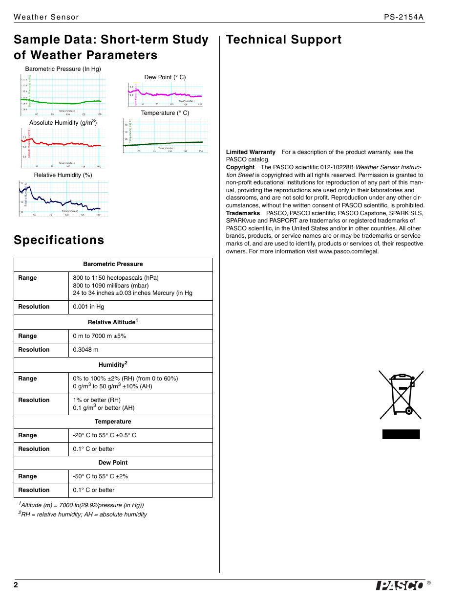 Specifications, Technical support | PASCO PS-2154A Weather Sensor User Manual | Page 2 / 2