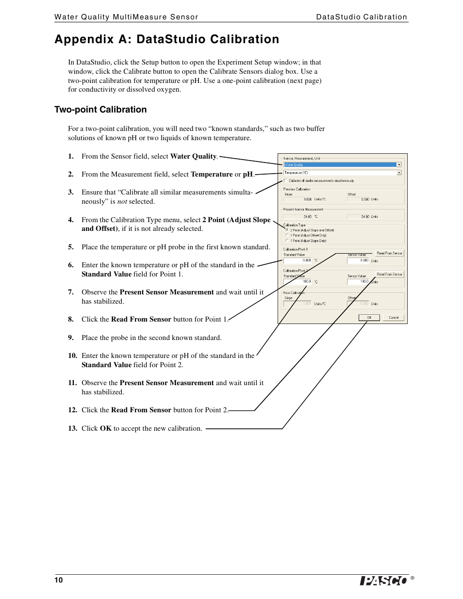 Appendix a: datastudio calibration, Two-point calibration | PASCO PS-2169 Water Quality MultiMeasure Sensor User Manual | Page 10 / 21