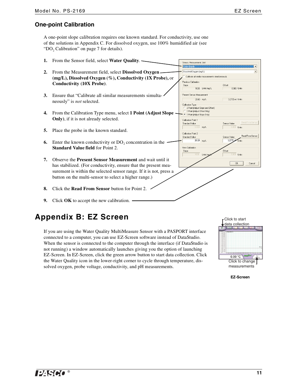 One-point calibration, Appendix b: ez screen | PASCO PS-2169 Water Quality MultiMeasure Sensor User Manual | Page 11 / 21