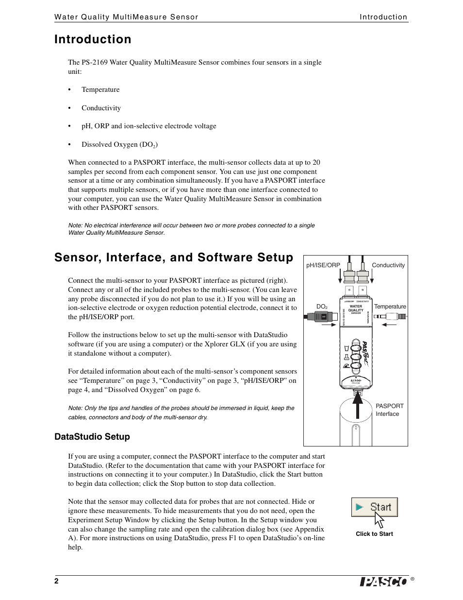 Introduction, Sensor, interface, and software setup, Datastudio setup | PASCO PS-2169 Water Quality MultiMeasure Sensor User Manual | Page 2 / 21