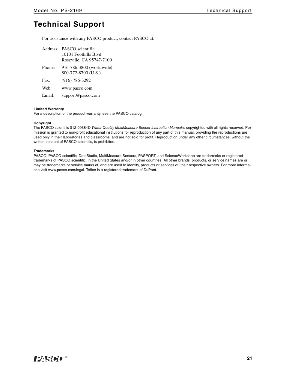 Technical support, Limited warranty, Copyright | Trademarks | PASCO PS-2169 Water Quality MultiMeasure Sensor User Manual | Page 21 / 21