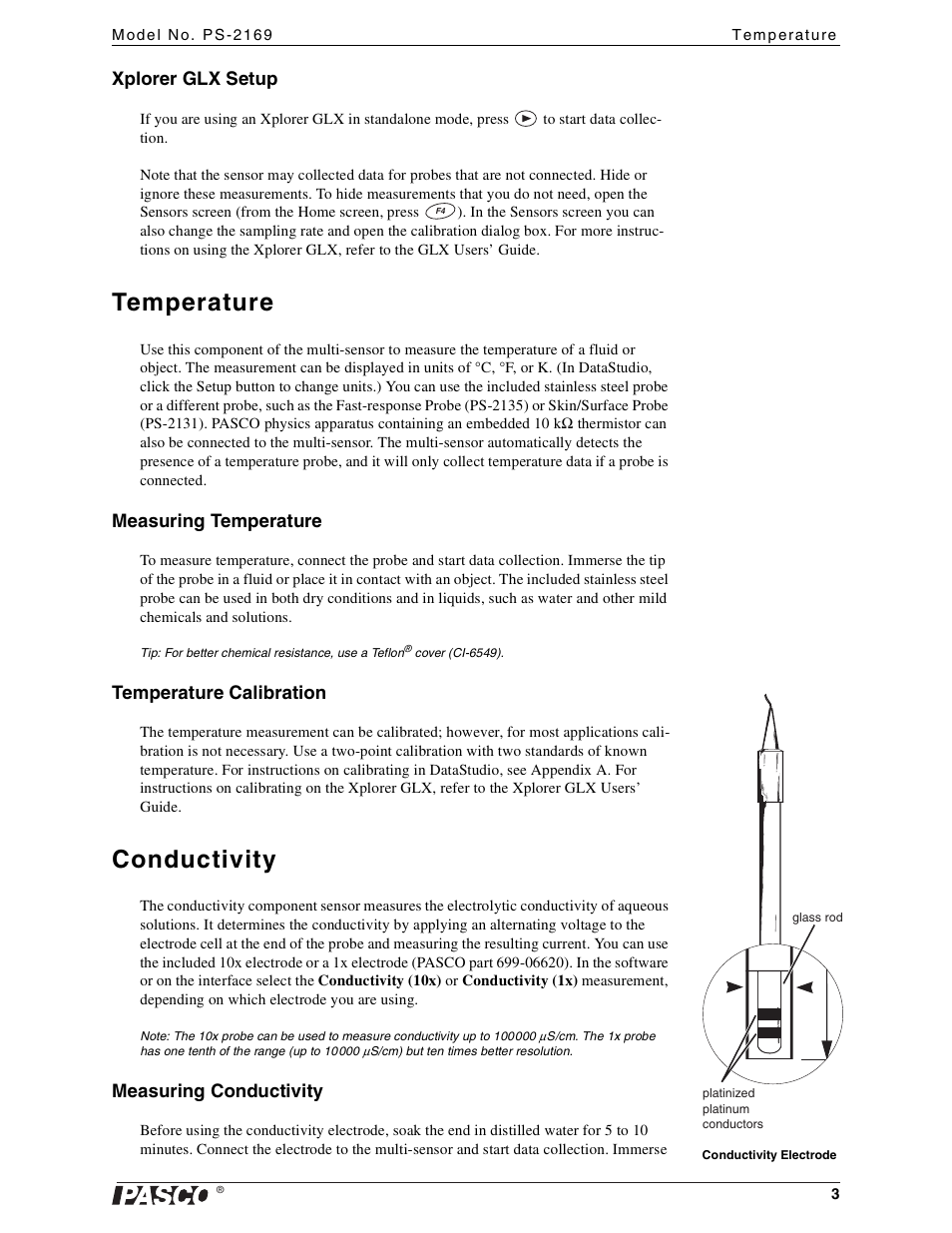 Xplorer glx setup, Temperature, Measuring temperature | Temperature calibration, Conductivity, Measuring conductivity | PASCO PS-2169 Water Quality MultiMeasure Sensor User Manual | Page 3 / 21