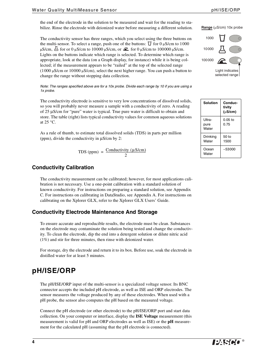 Conductivity calibration, Conductivity electrode maintenance and storage, Ph/ise/orp | PASCO PS-2169 Water Quality MultiMeasure Sensor User Manual | Page 4 / 21