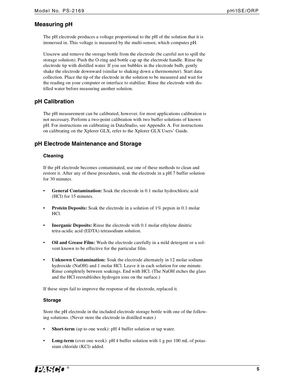 Measuring ph, Ph calibration, Ph electrode maintenance and storage | PASCO PS-2169 Water Quality MultiMeasure Sensor User Manual | Page 5 / 21