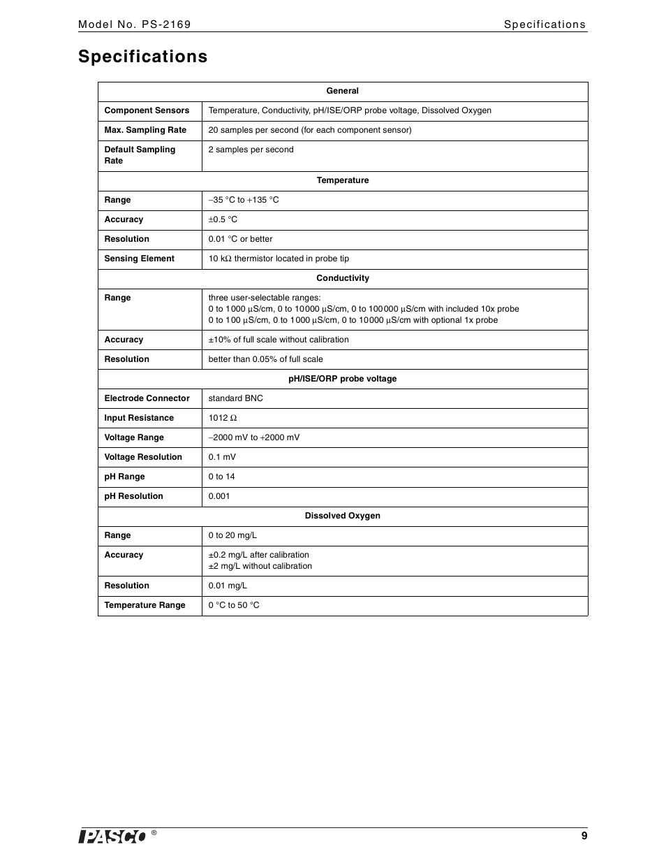 Specifications | PASCO PS-2169 Water Quality MultiMeasure Sensor User Manual | Page 9 / 21