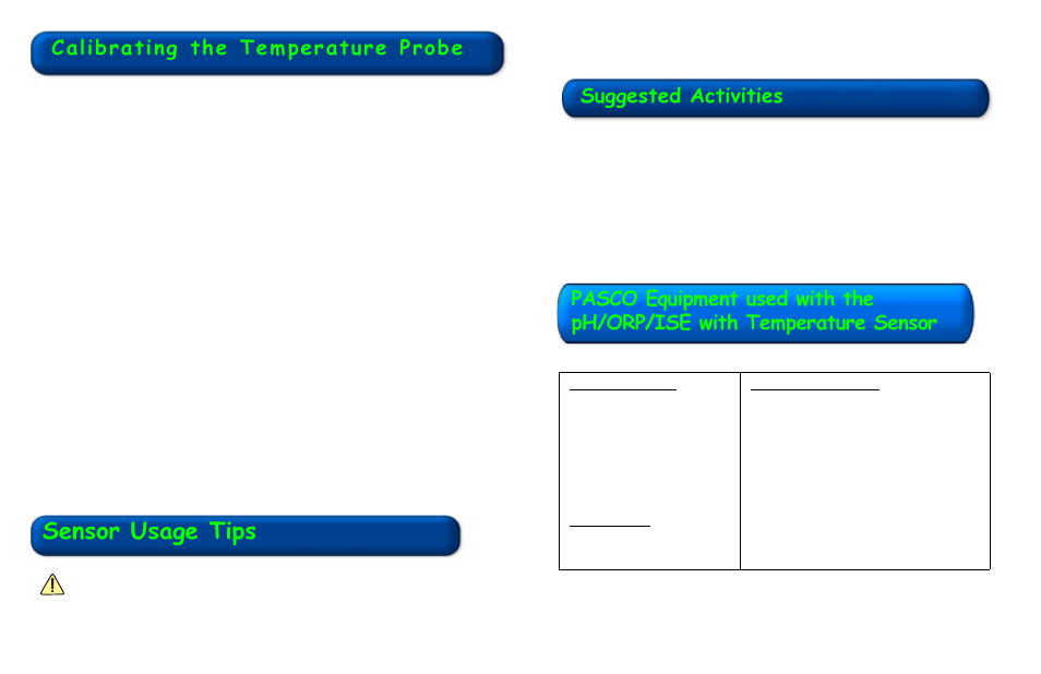 Sensor usage tips, Calibrating the temperature probe, Suggested activities | PASCO PS-2147 High Resolution pH-ORP-ISE Amplifier User Manual | Page 4 / 4