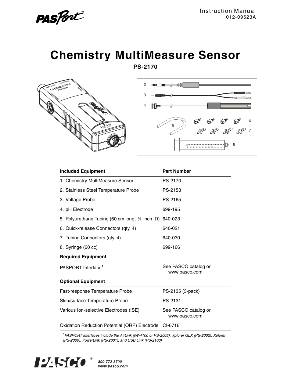 PASCO PS-2170 Chemistry MultiMeasure Sensor User Manual | 8 pages