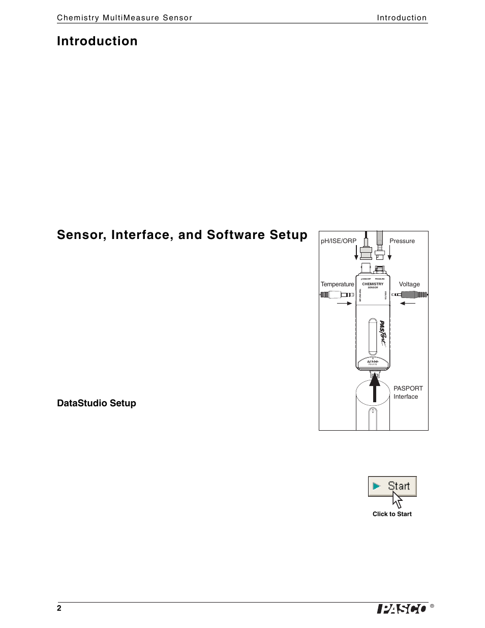 Introduction, Sensor, interface, and software setup, Datastudio setup | PASCO PS-2170 Chemistry MultiMeasure Sensor User Manual | Page 2 / 8