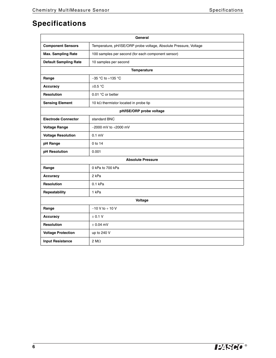 Specifications | PASCO PS-2170 Chemistry MultiMeasure Sensor User Manual | Page 6 / 8