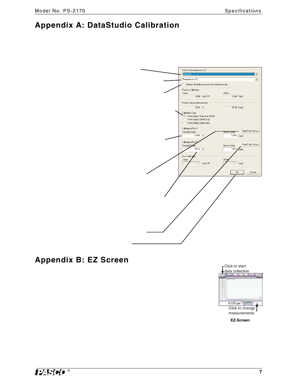 Appendix a: datastudio calibration, Appendix b: ez screen | PASCO PS-2170 Chemistry MultiMeasure Sensor User Manual | Page 7 / 8