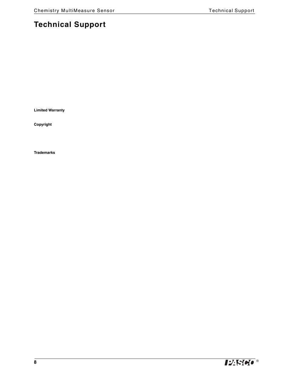 Technical support | PASCO PS-2170 Chemistry MultiMeasure Sensor User Manual | Page 8 / 8