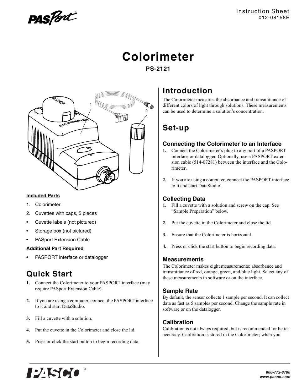 PASCO PS-2121 Colorimeter User Manual | 3 pages