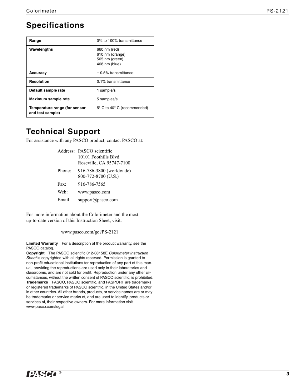 Specifications technical support | PASCO PS-2121 Colorimeter User Manual | Page 3 / 3