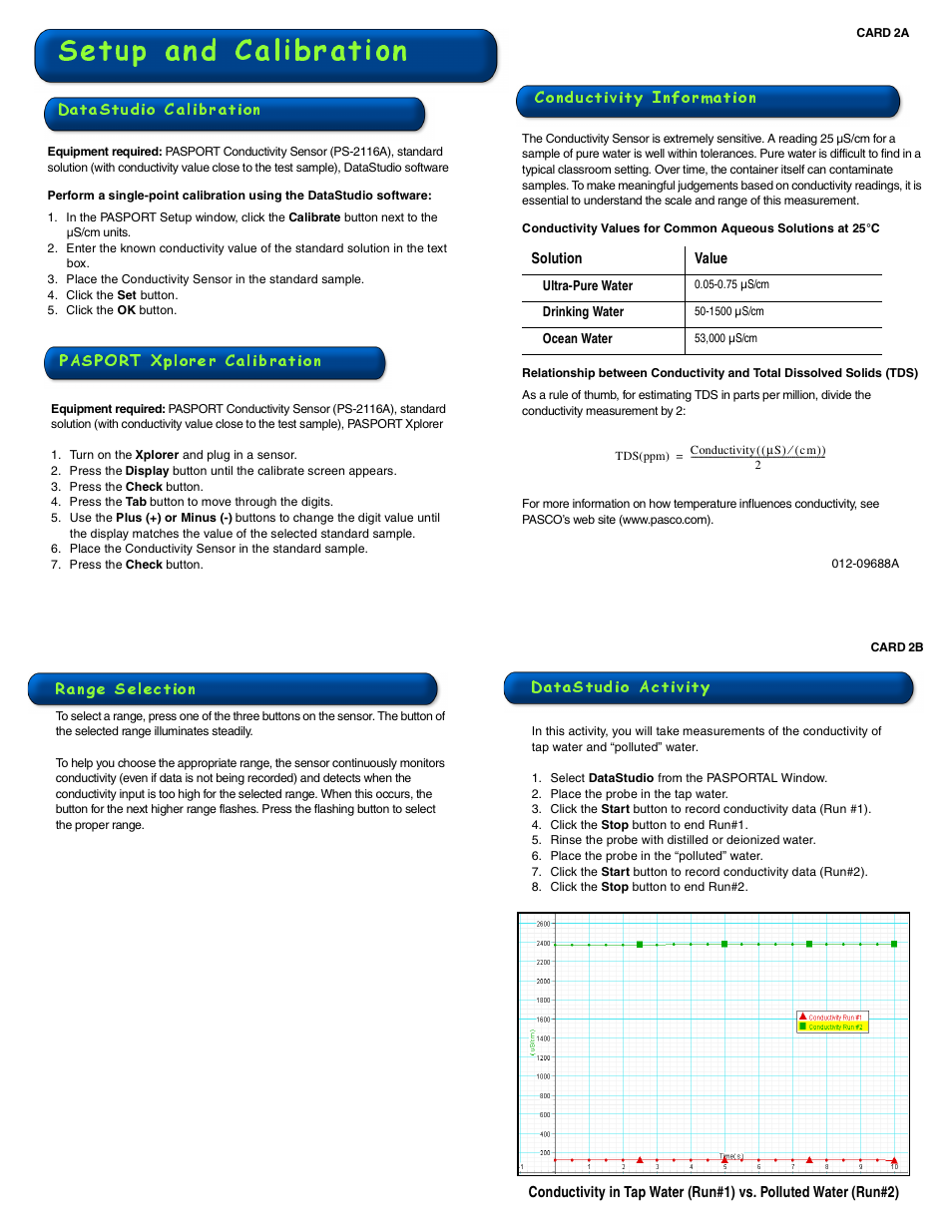 Setup and calibration, Datastudio activity, Range selection | Datastudio calibration, Pasport xplorer calibration, Conductivity information | PASCO PS-2116A Conductivity Sensor User Manual | Page 2 / 2