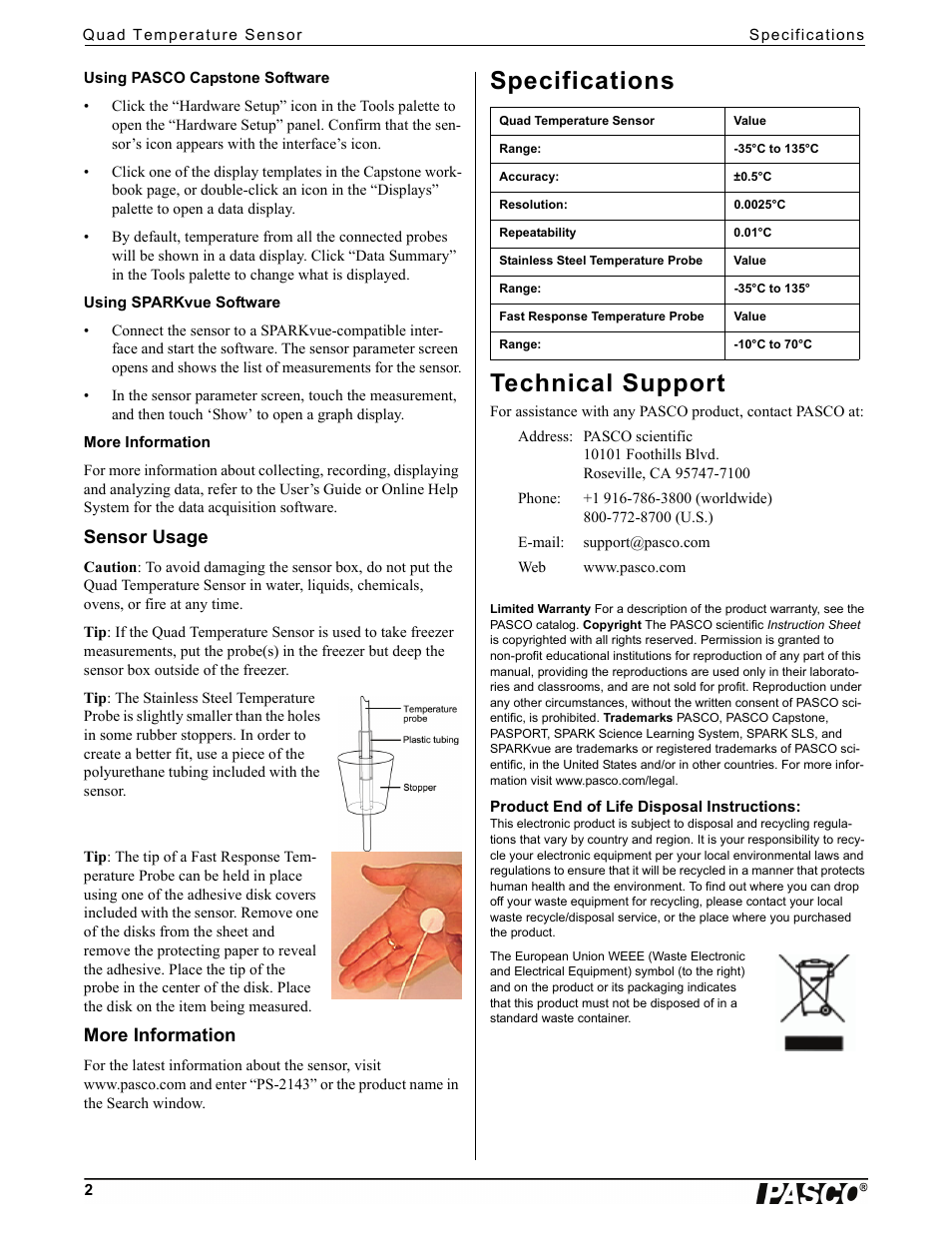 Using pasco capstone software, Using sparkvue software, More information | Sensor usage, Specifications, Technical support, Product end of life disposal instructions, Specifications technical support | PASCO PS-2143 Quad Temperature Sensor User Manual | Page 2 / 2