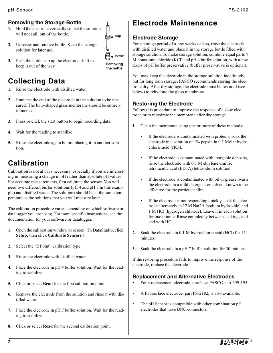Collecting data, Calibration, Electrode maintenance | PASCO PS-2102 pH Sensor User Manual | Page 2 / 3