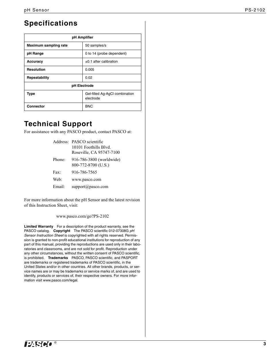 Specifications technical support | PASCO PS-2102 pH Sensor User Manual | Page 3 / 3