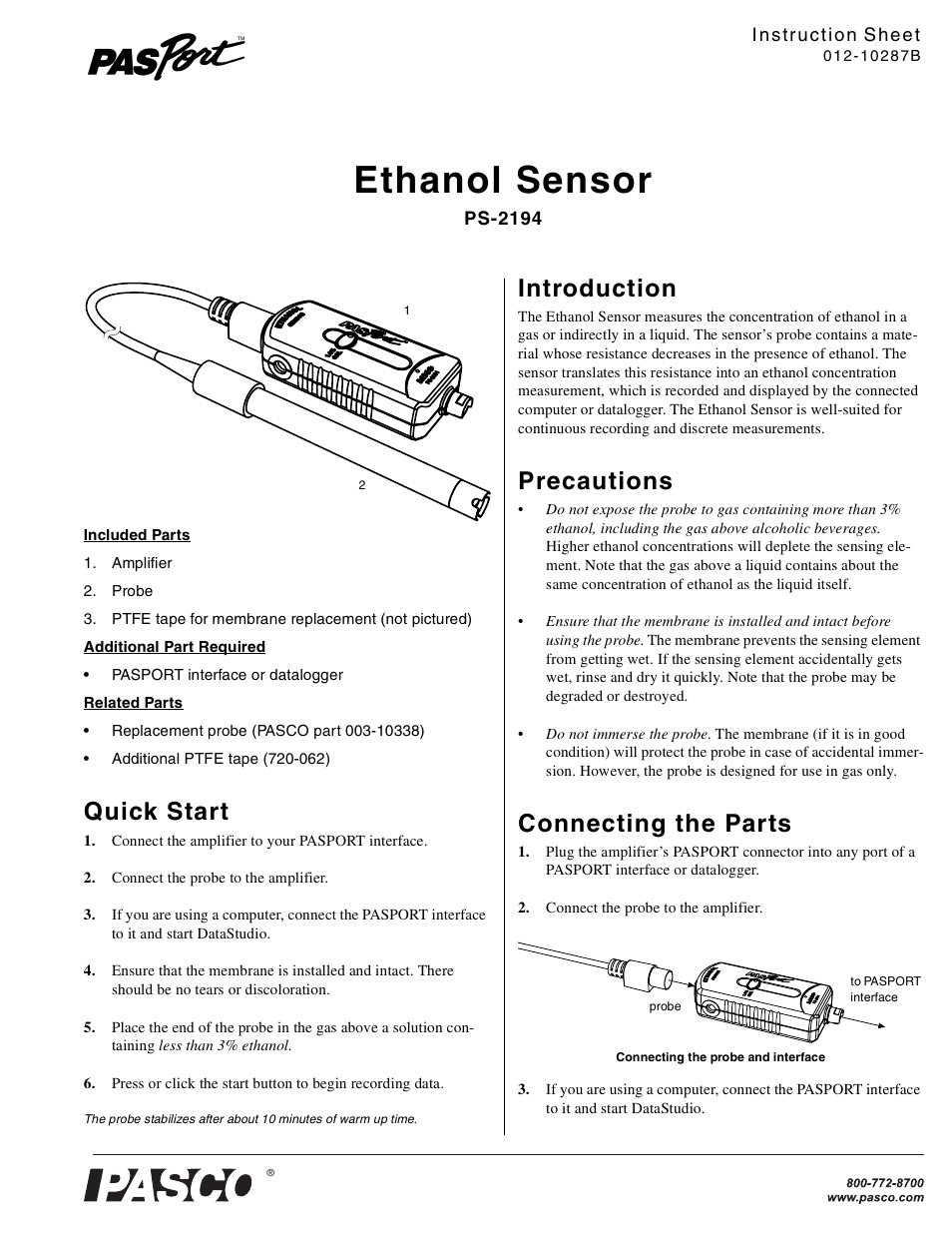PASCO PS-2194 Ethanol Sensor User Manual | 3 pages