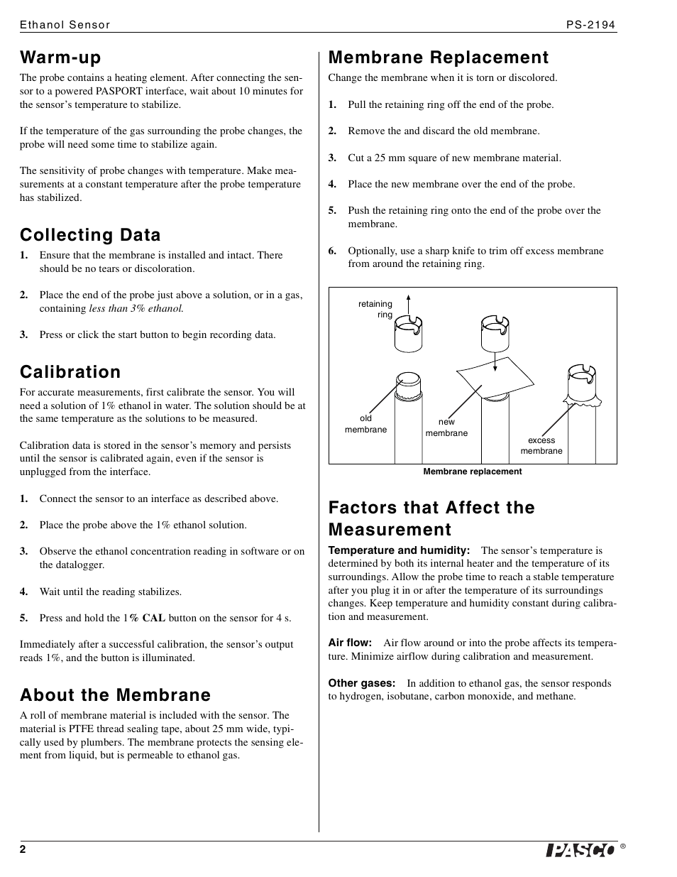 Warm-up, Collecting data, Calibration | About the membrane, Membrane replacement, Factors that affect the measurement | PASCO PS-2194 Ethanol Sensor User Manual | Page 2 / 3