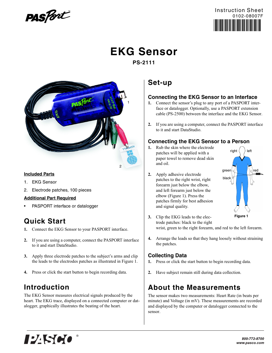 PASCO PS-2111 EKG Sensor User Manual | 2 pages
