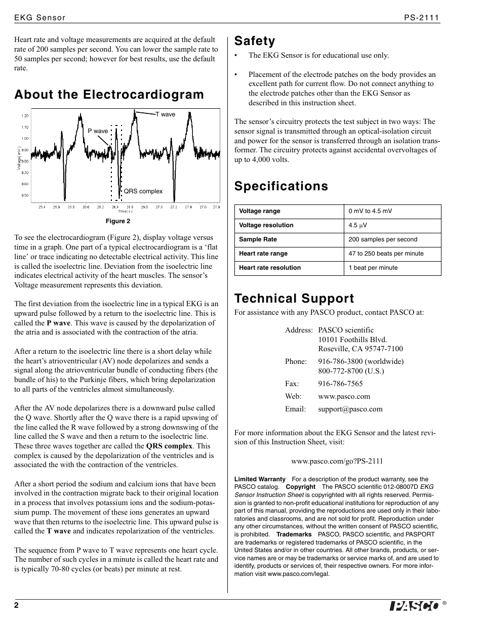 About the electrocardiogram, Safety, Specifications technical support | PASCO PS-2111 EKG Sensor User Manual | Page 2 / 2