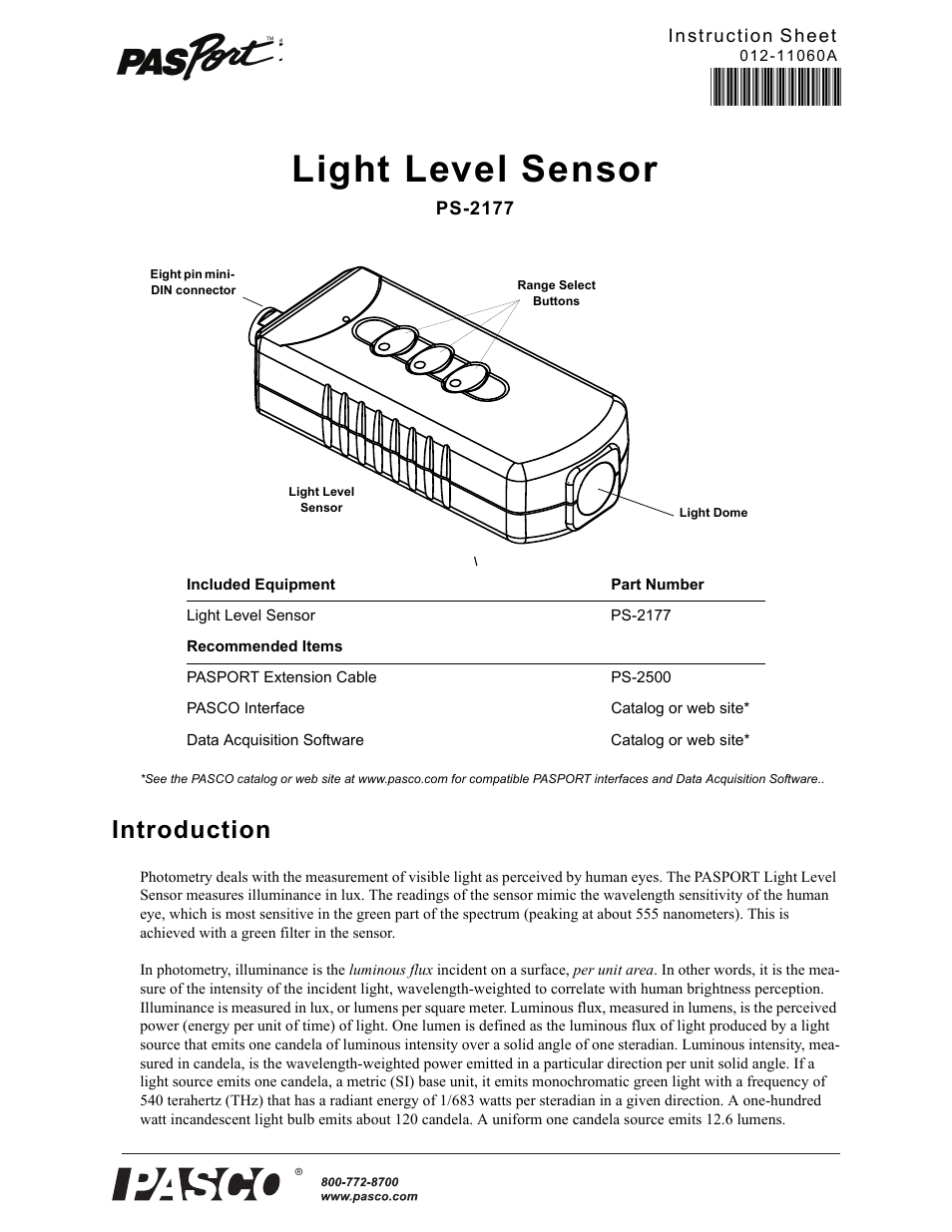 PASCO PS-2177 Light Level Sensor User Manual | 4 pages