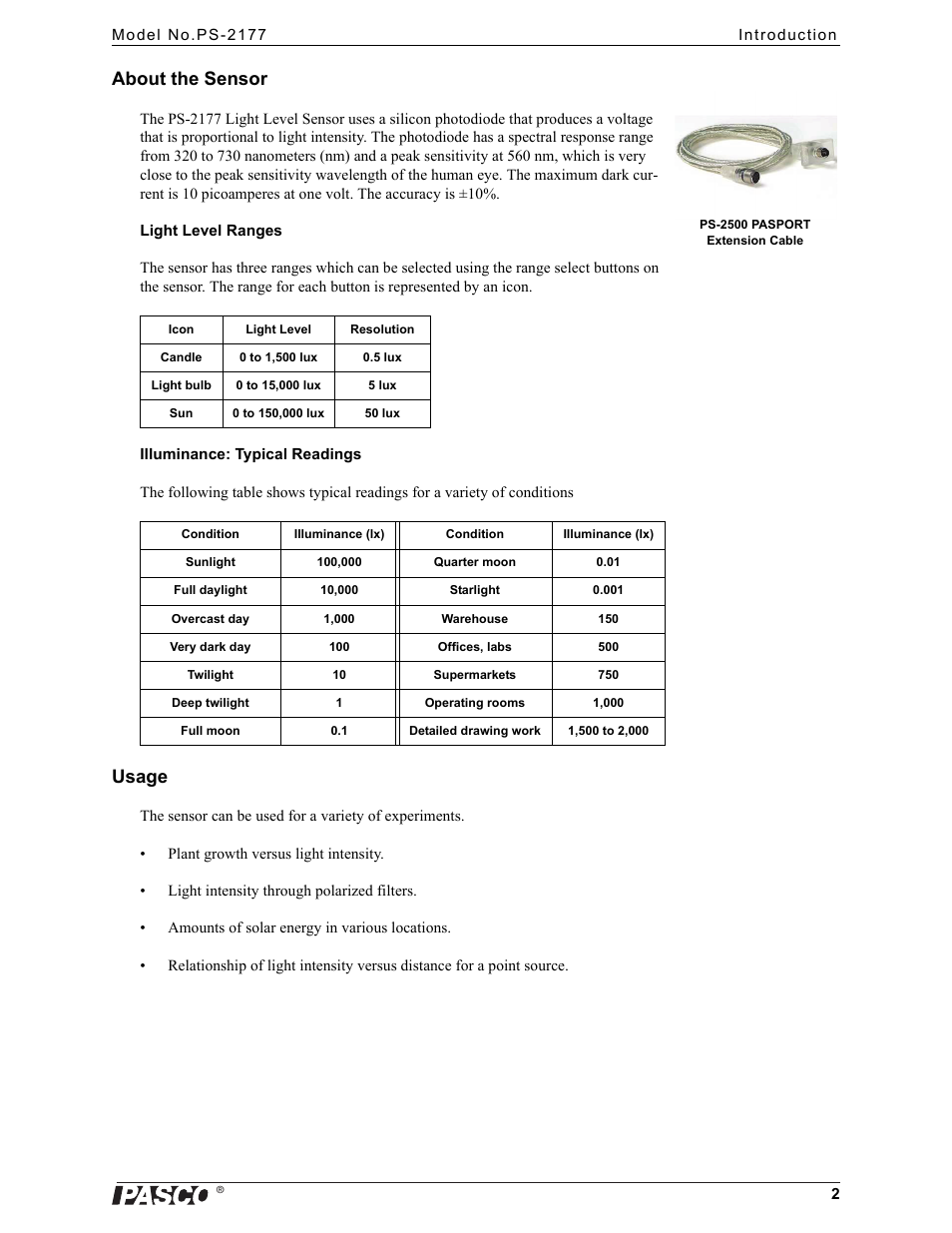 About the sensor, Usage | PASCO PS-2177 Light Level Sensor User Manual | Page 2 / 4