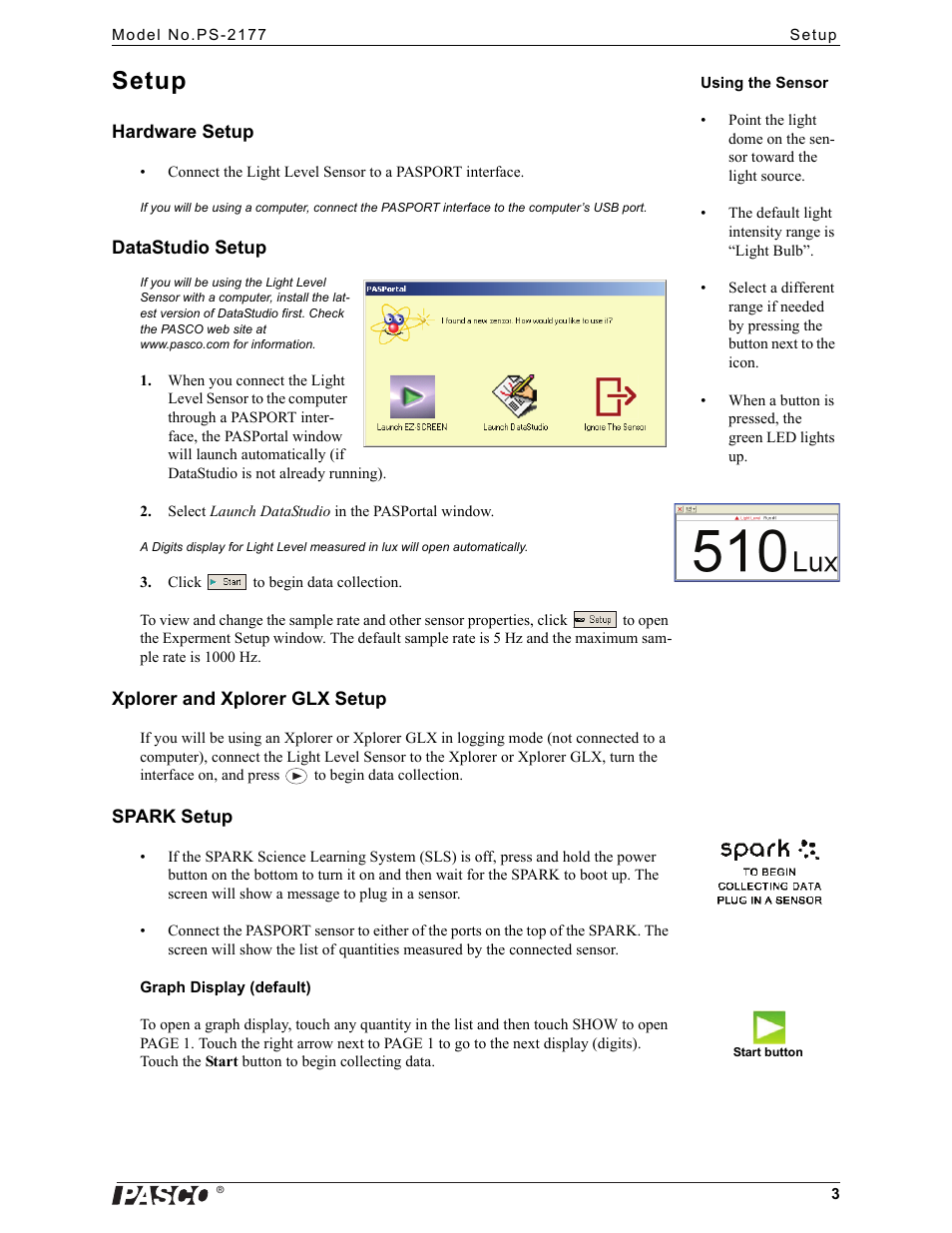 Setup | PASCO PS-2177 Light Level Sensor User Manual | Page 3 / 4