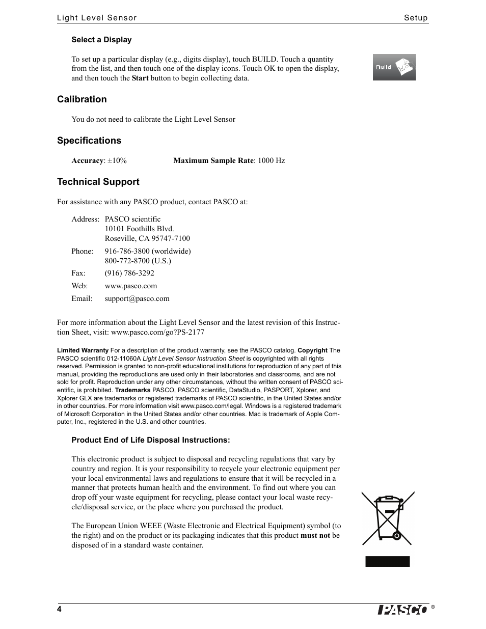 PASCO PS-2177 Light Level Sensor User Manual | Page 4 / 4