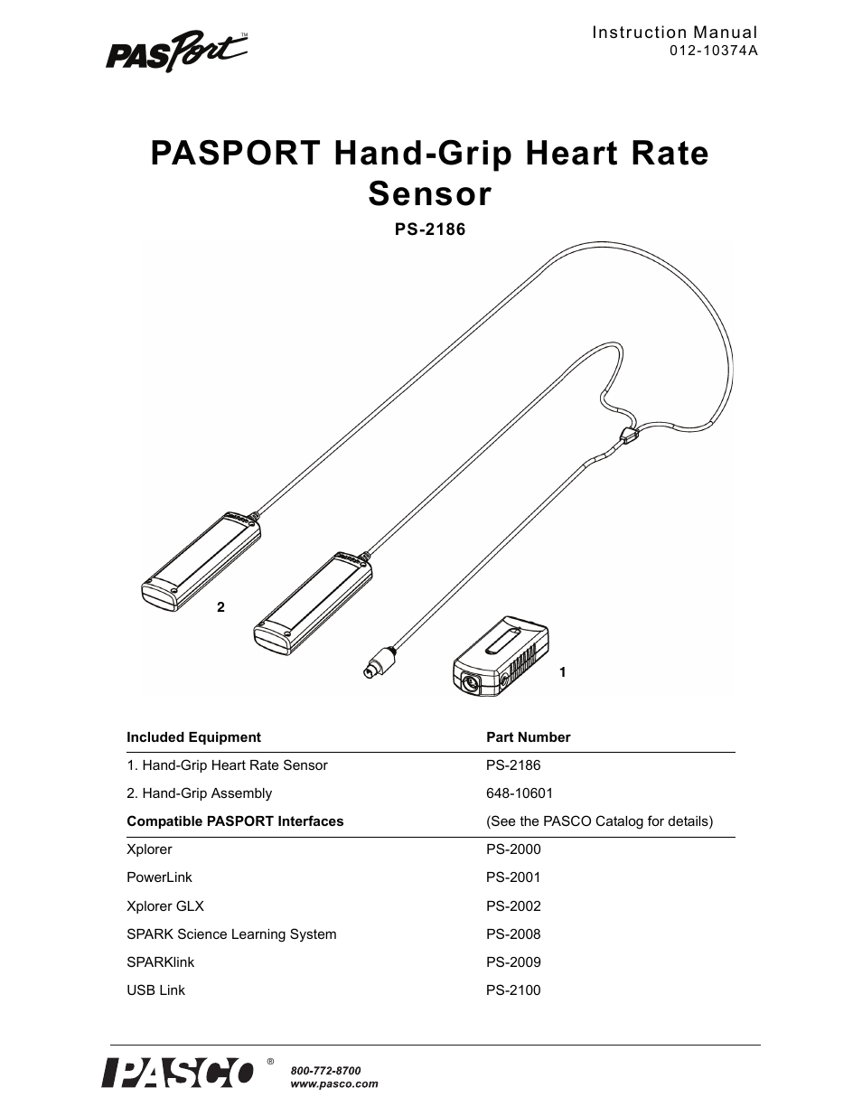 PASCO PS-2186 Hand-Grip Heart Rate Sensor User Manual | 5 pages