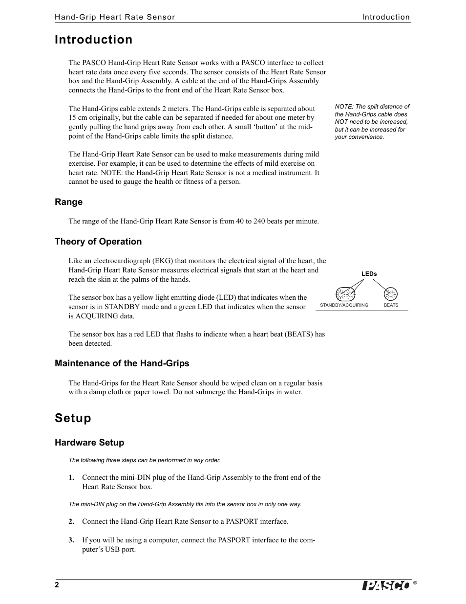 Introduction, Setup | PASCO PS-2186 Hand-Grip Heart Rate Sensor User Manual | Page 2 / 5