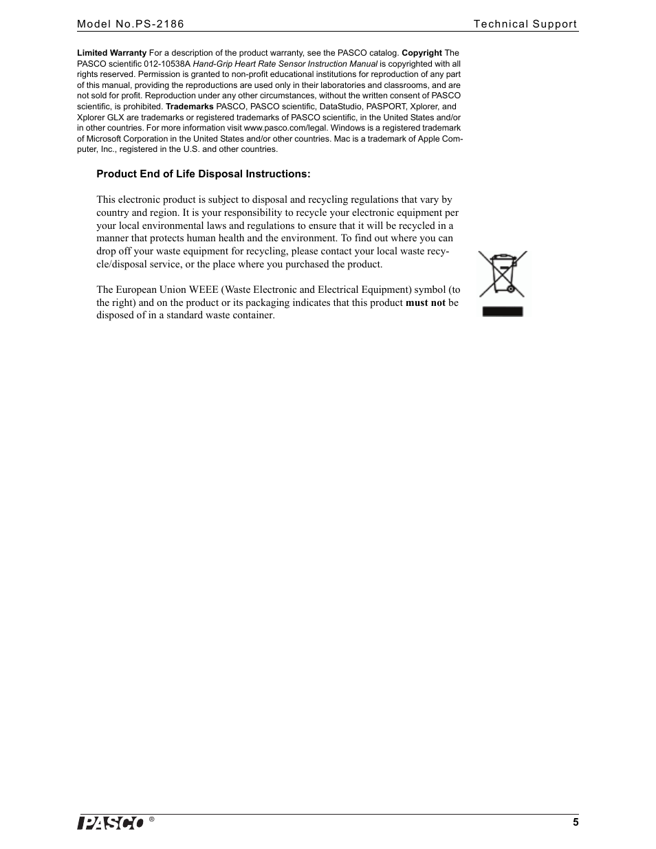 PASCO PS-2186 Hand-Grip Heart Rate Sensor User Manual | Page 5 / 5