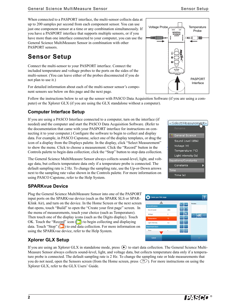 Sensor setup, Computer interface setup, Sparkvue device | Xplorer glx setup | PASCO PS-2168 General Science MultiMeasure Sensor User Manual | Page 2 / 4