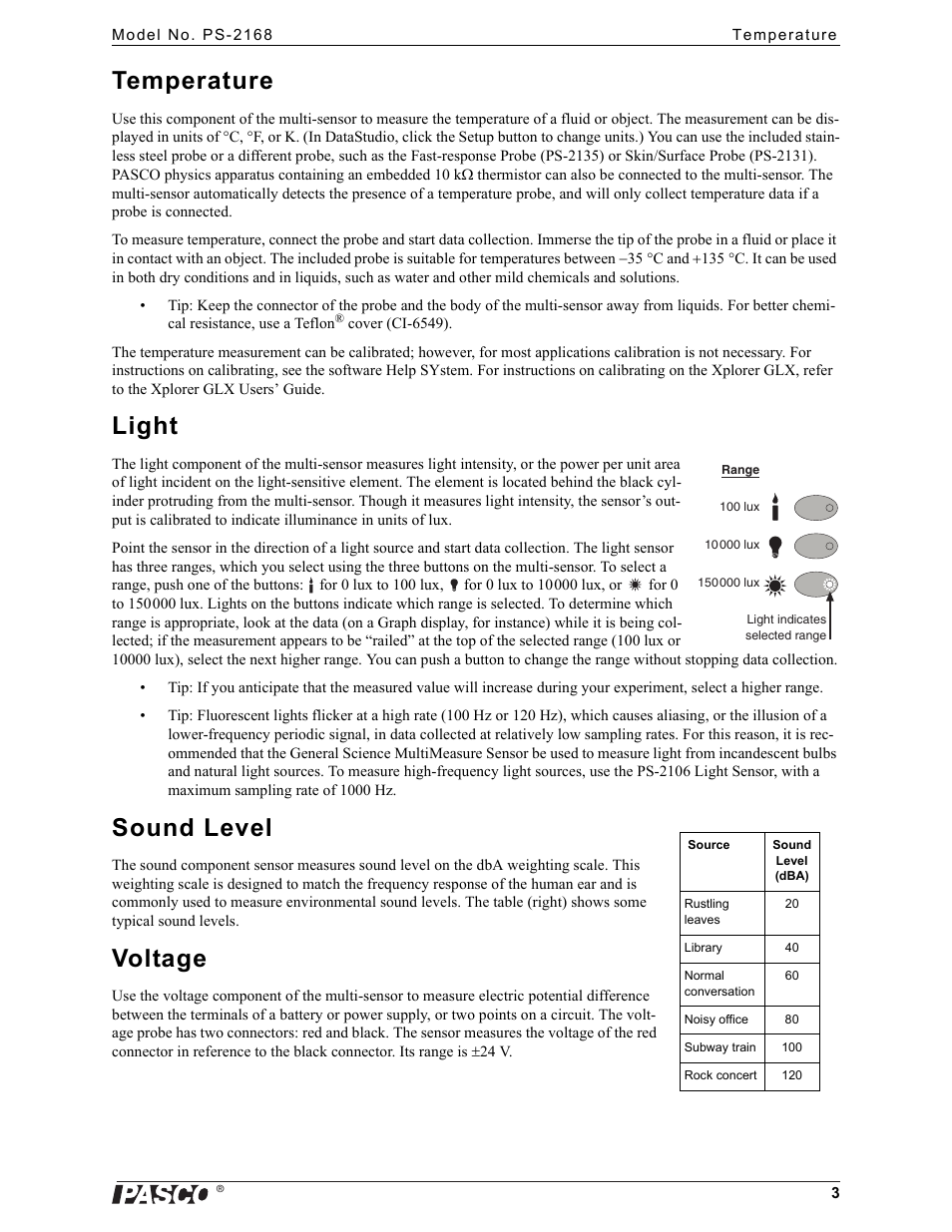 Temperature, Light, Sound level | Voltage | PASCO PS-2168 General Science MultiMeasure Sensor User Manual | Page 3 / 4