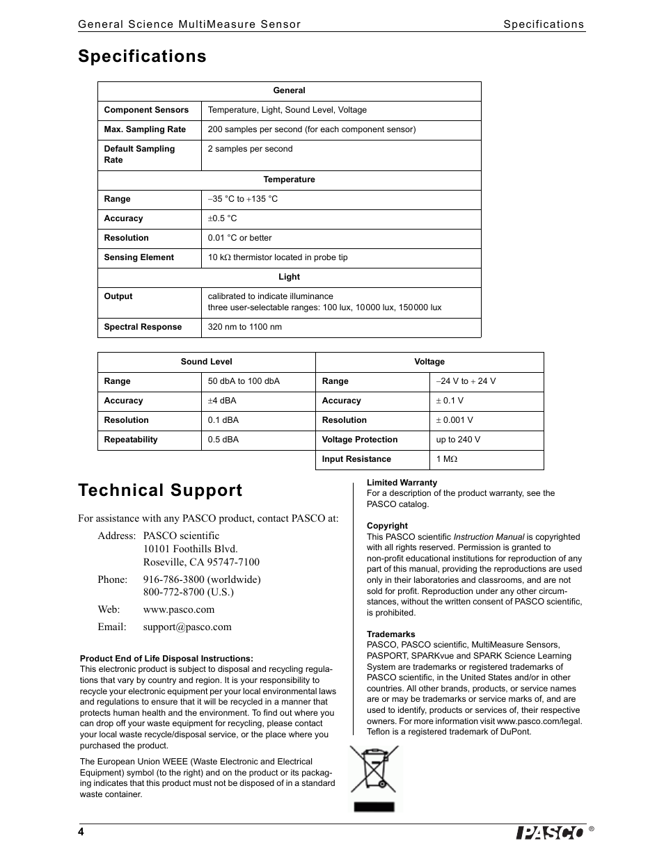 Specifications, Specifications technical support | PASCO PS-2168 General Science MultiMeasure Sensor User Manual | Page 4 / 4