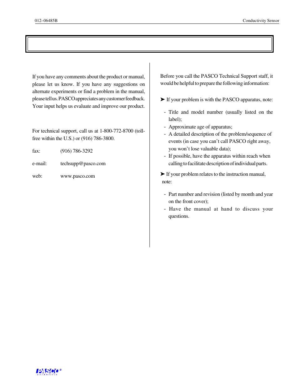 Technical support | PASCO CI-6729 (1X) CONDUCTIVITY SENSOR User Manual | Page 33 / 34