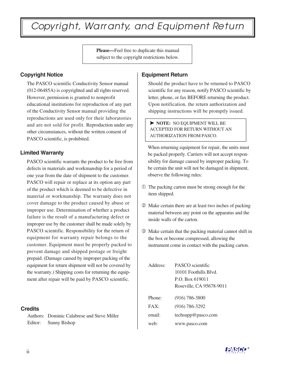 Copyright, wa rr anty, and equipment return | PASCO CI-6729 (1X) CONDUCTIVITY SENSOR User Manual | Page 4 / 34