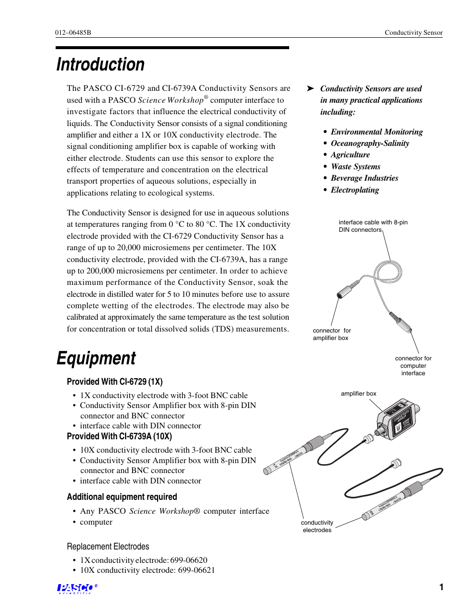 Introduction, Equipment, Additional equipment required | Replacement electrodes | PASCO CI-6729 (1X) CONDUCTIVITY SENSOR User Manual | Page 5 / 34