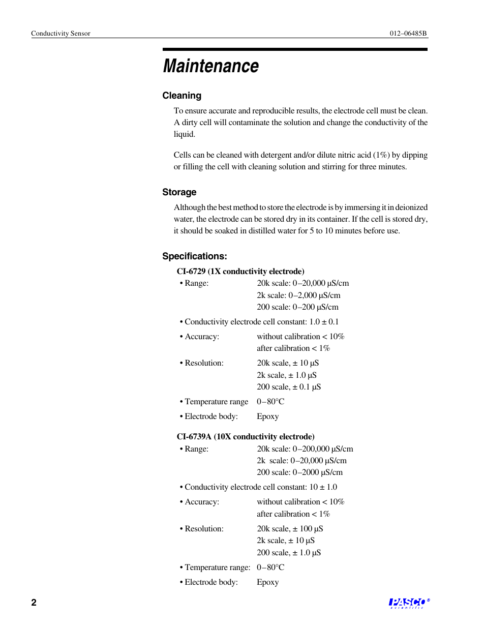 Maintenance | PASCO CI-6729 (1X) CONDUCTIVITY SENSOR User Manual | Page 6 / 34