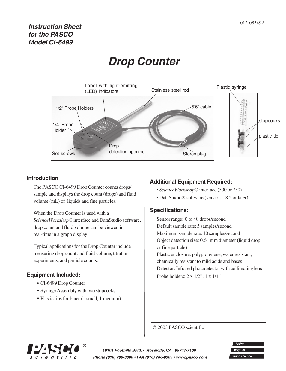 PASCO CI-6499 Drop Counter User Manual | 6 pages