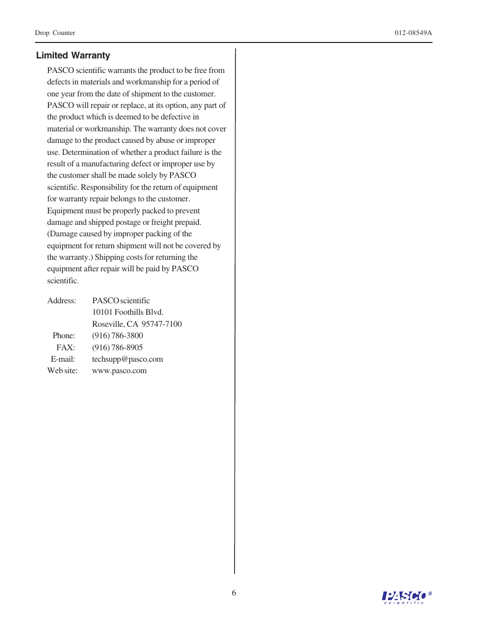 PASCO CI-6499 Drop Counter User Manual | Page 6 / 6